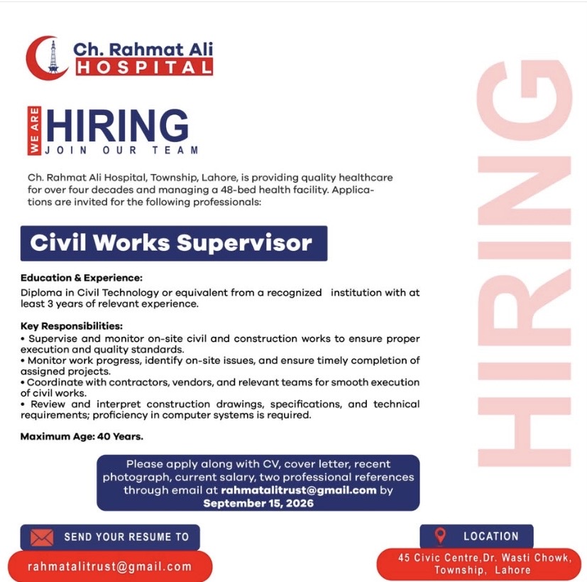 Civil Works Supervisor – Ch. Rahmat Ali Hospital