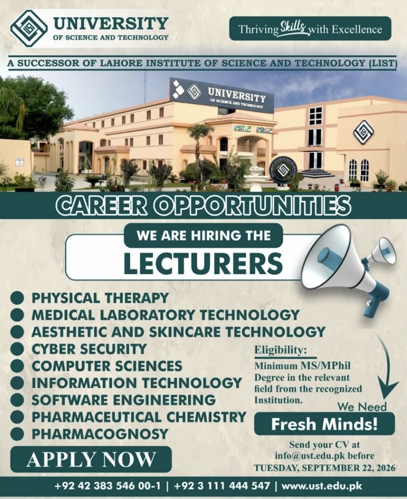 Lecturer at UNIVERSITY OF SCIENCE AND TECHNOLOGY – Lahore, Pakistan