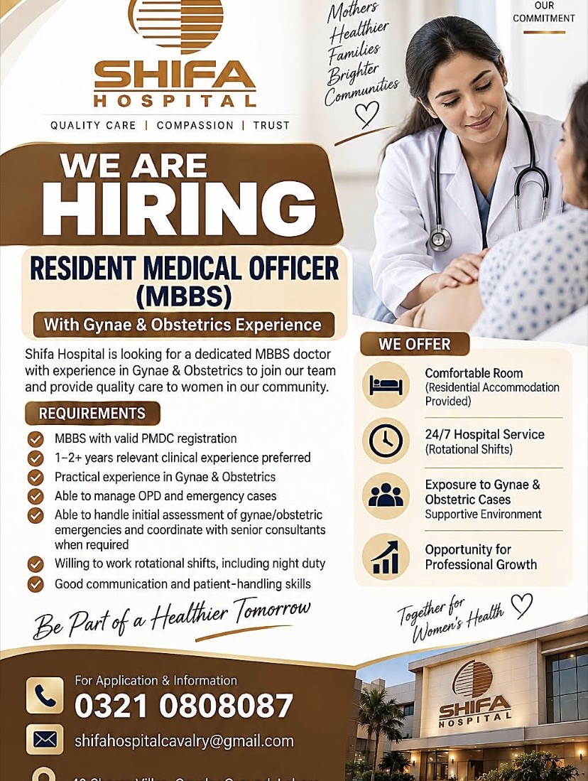 Resident Medical Officer (MBBS) with Gynae &amp; Obstetrics Experience – Shifa Hospital