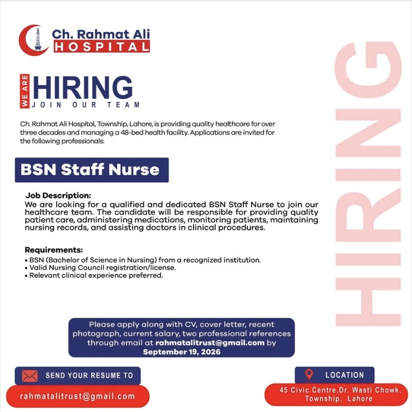 BSN Staff Nurse at Ch. Rahmat Ali Hospital – Lahore, Pakistan