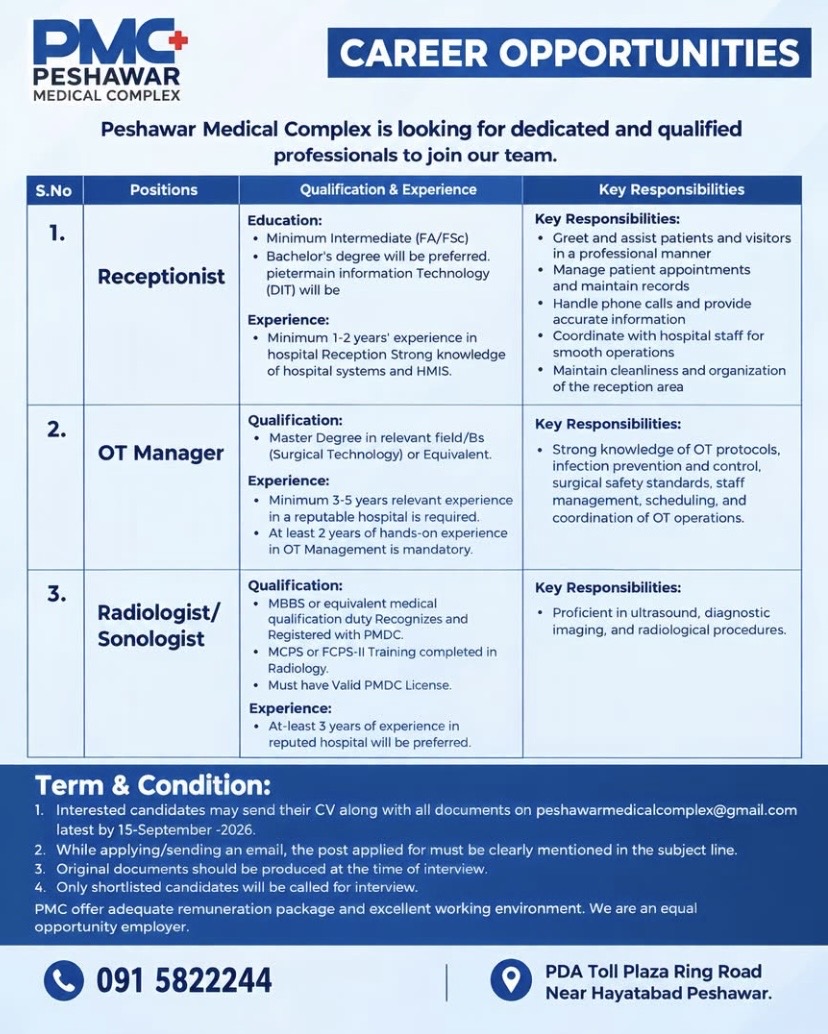 Receptionist – Peshawar Medical Complex