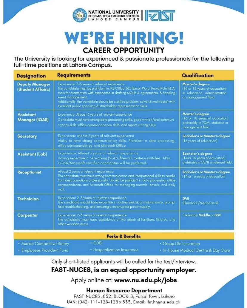 Deputy Manager (Student Affairs) – National University of Computer &amp; Emerging Sciences